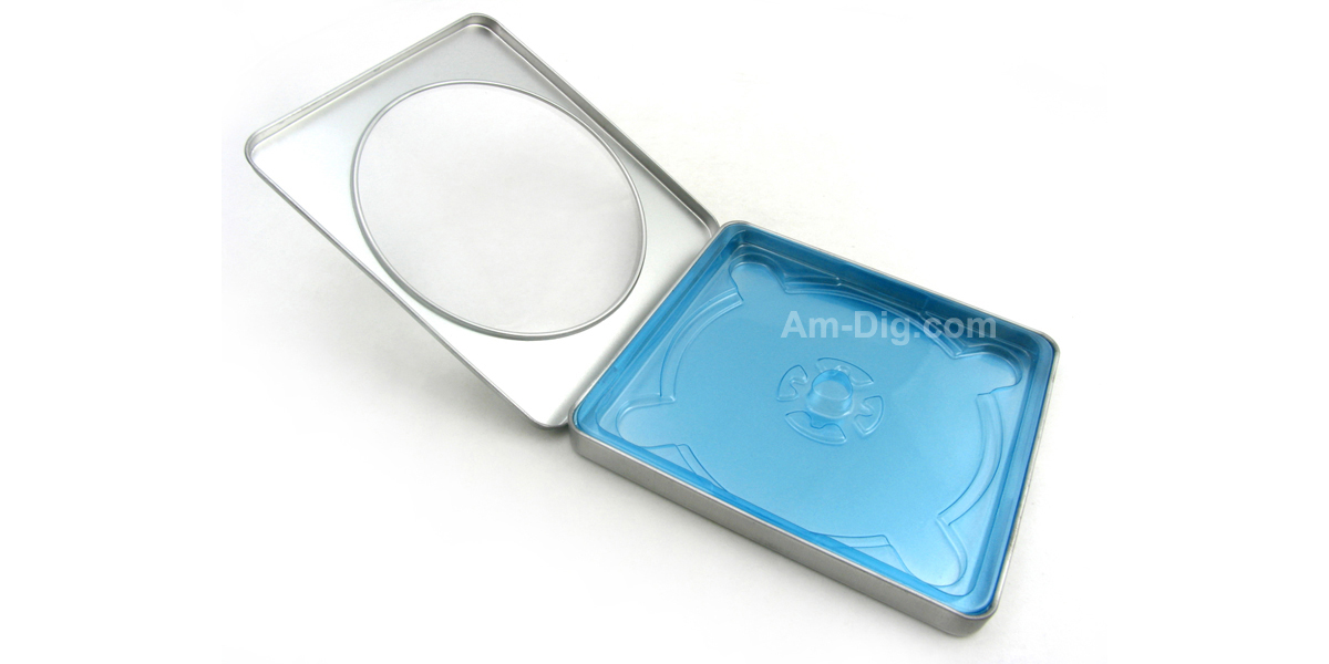 Tin CD/DVD Case Square Style with Window Blue Tray from AmericanDigital