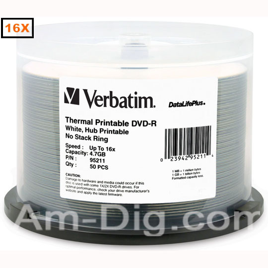 Verbatim 95211 DVD-R 4.7GB 16X Whte Thermal - 50pk