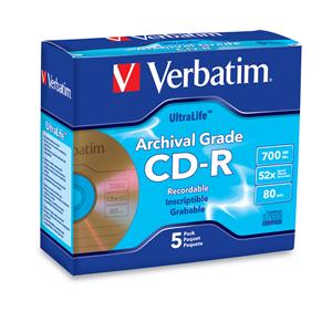 Verbatim 96319 CD-R 700MB 52X Gold Archival 5pk JC