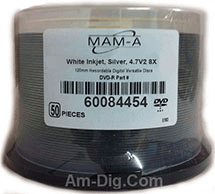 MAM-A 84454: DVD+R/DL 8.5GB White Inkjet Hub Print MAM-A 84454: DVD+R/DL 8.5GB White Inkjet Hub Print