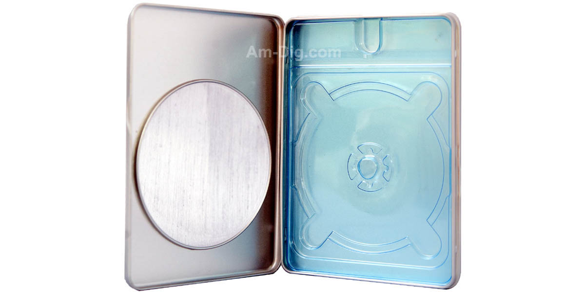Tin DVD/CD Case Rectangular with Window Blue Tray - Open View
