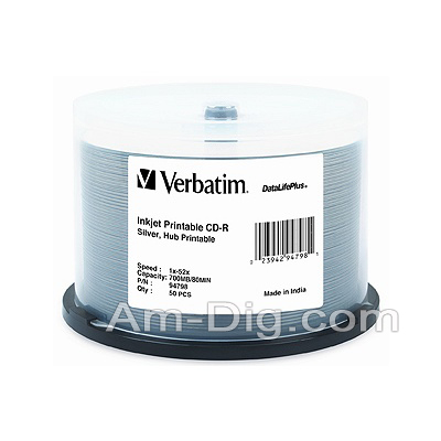 Verbatim 94798: 700MB / 80 min Silver InkJet from Am-Dig