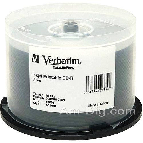 Verbatim 94904: CD-R 80min 52x White InkJet 50pk from Am-Dig