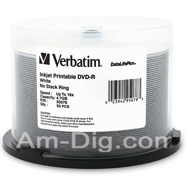 Verbatim 95078 DVD-R 4.7GB 16x White Inkjet -50pk