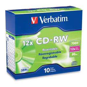 Verbatim 95156 CD-RW Discs 700MB/80Min 12X w/Slim