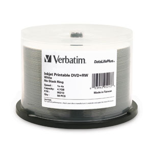 Verbatim 95213 DVD+RW 4.7GB 4x Whte Inkjet 50pk